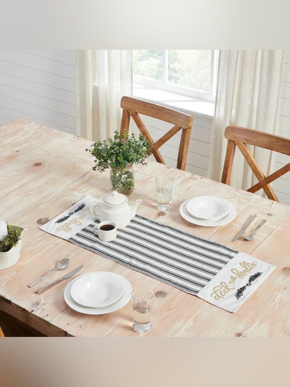 Deck the Halls table runner 12" X 36" holiday Christmas farmhouse stripes NWT